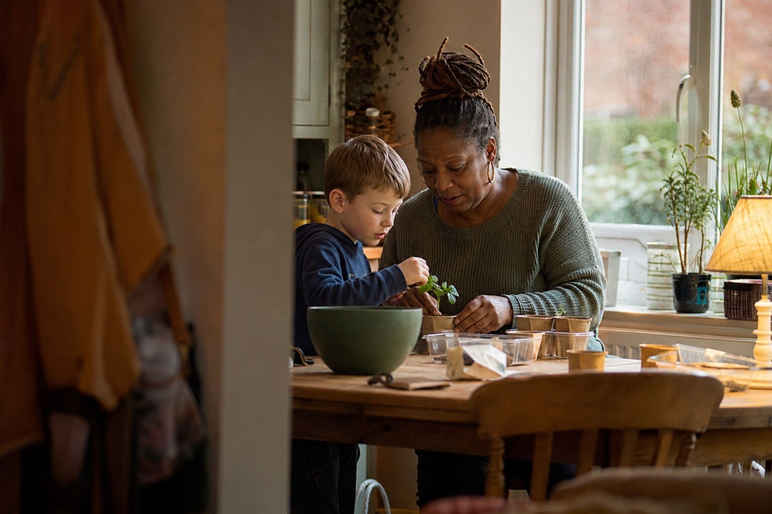 A foster carer sitting on the floor with a child, giving them quiet, patient attention
