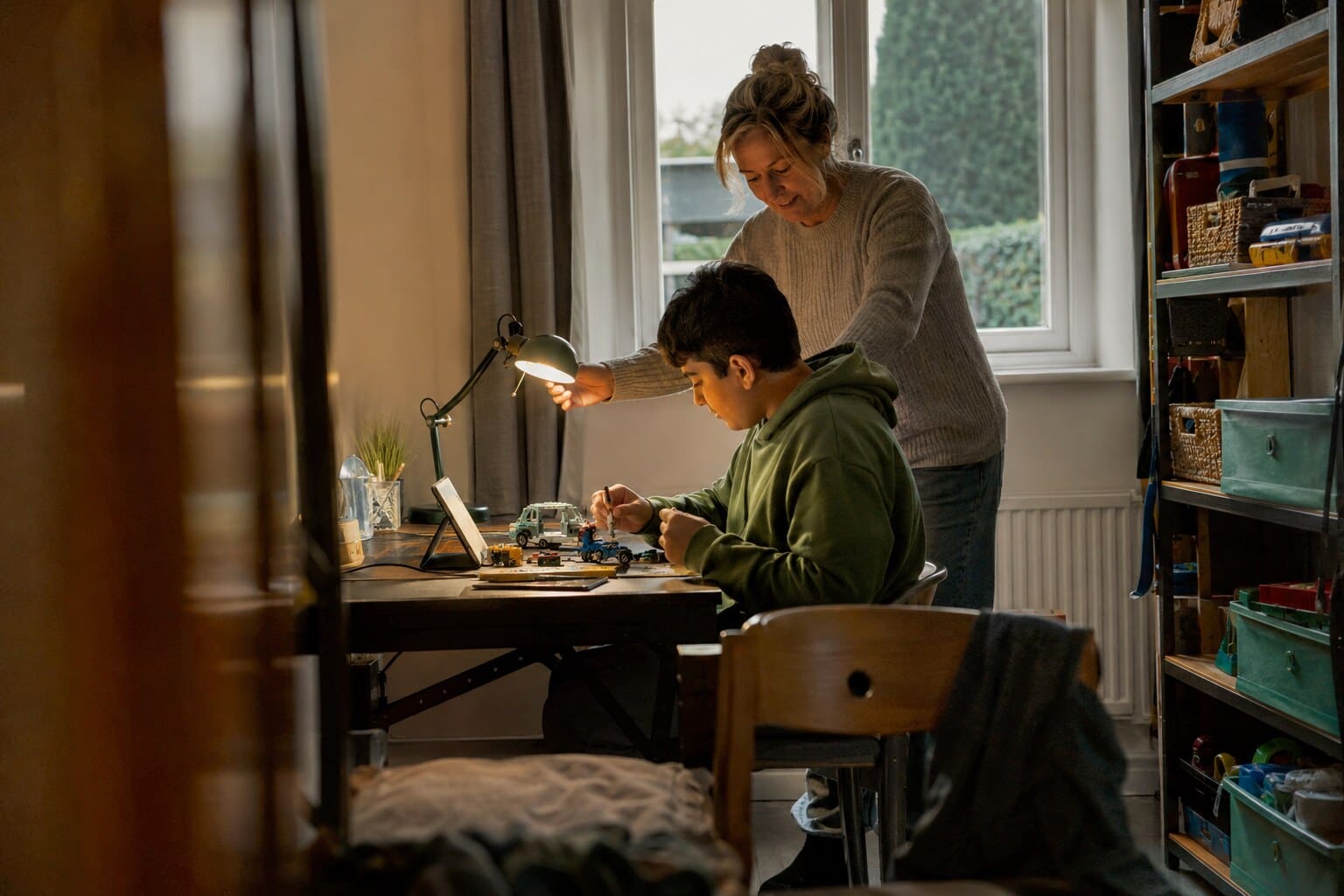 A foster carer sitting quietly with a child at a low table, giving him space and time to settle.