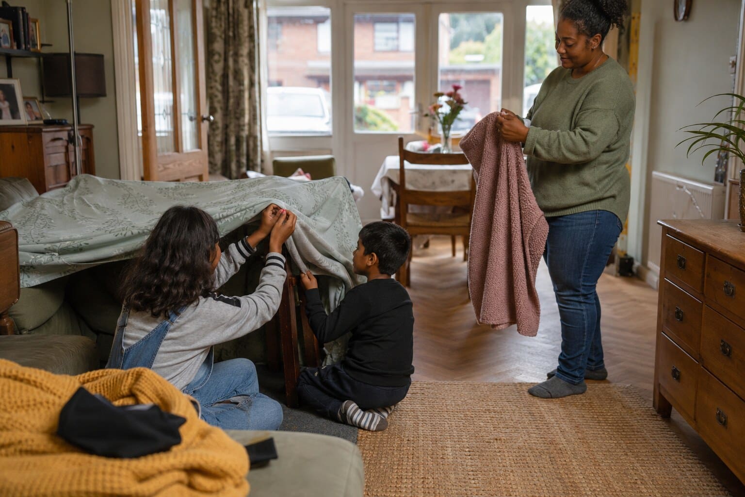 Children building a blanket den at home